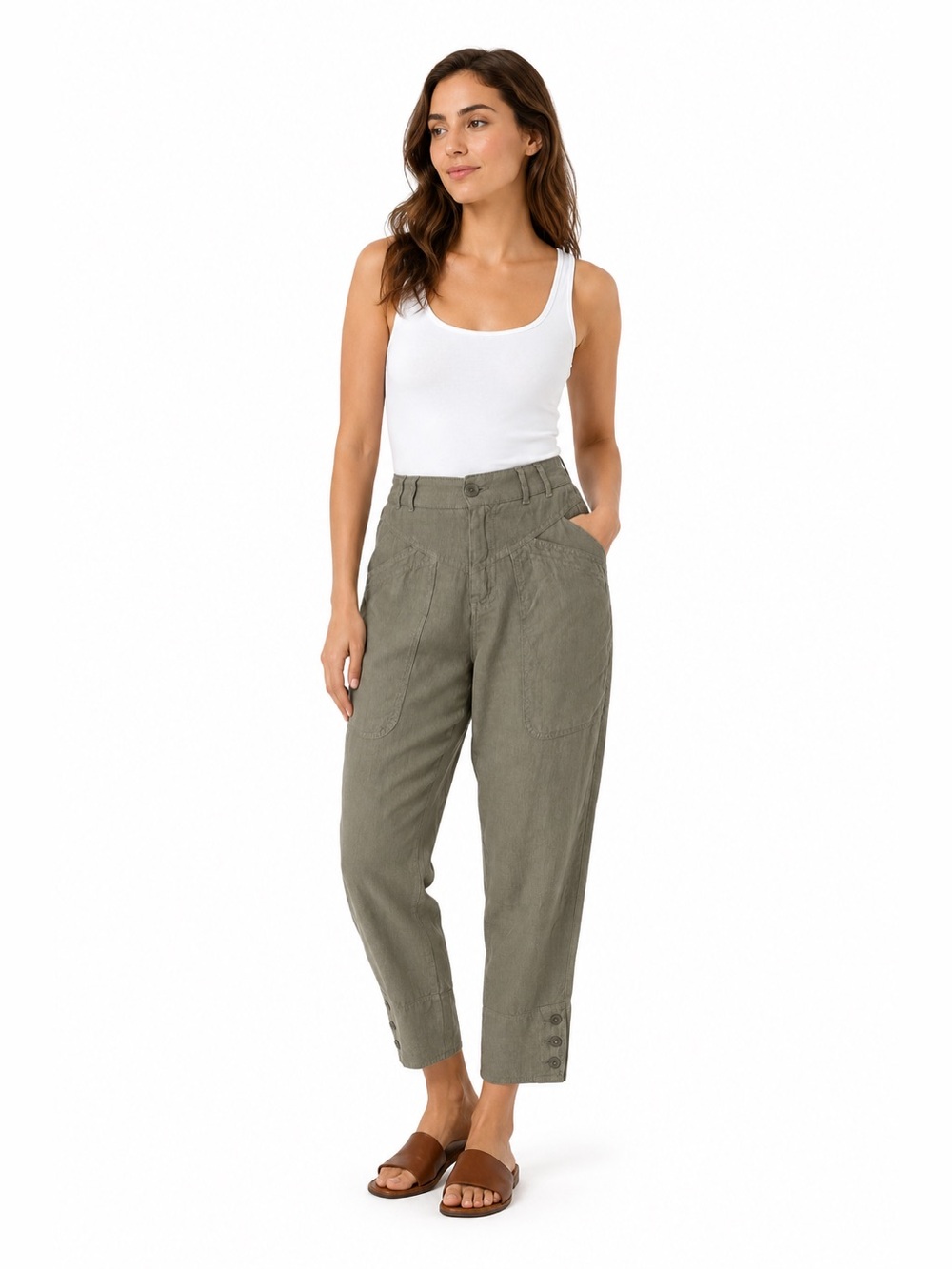 WRAP London 100% Linen Cropped Pants Olive Green Pull-On Trousers Size 2